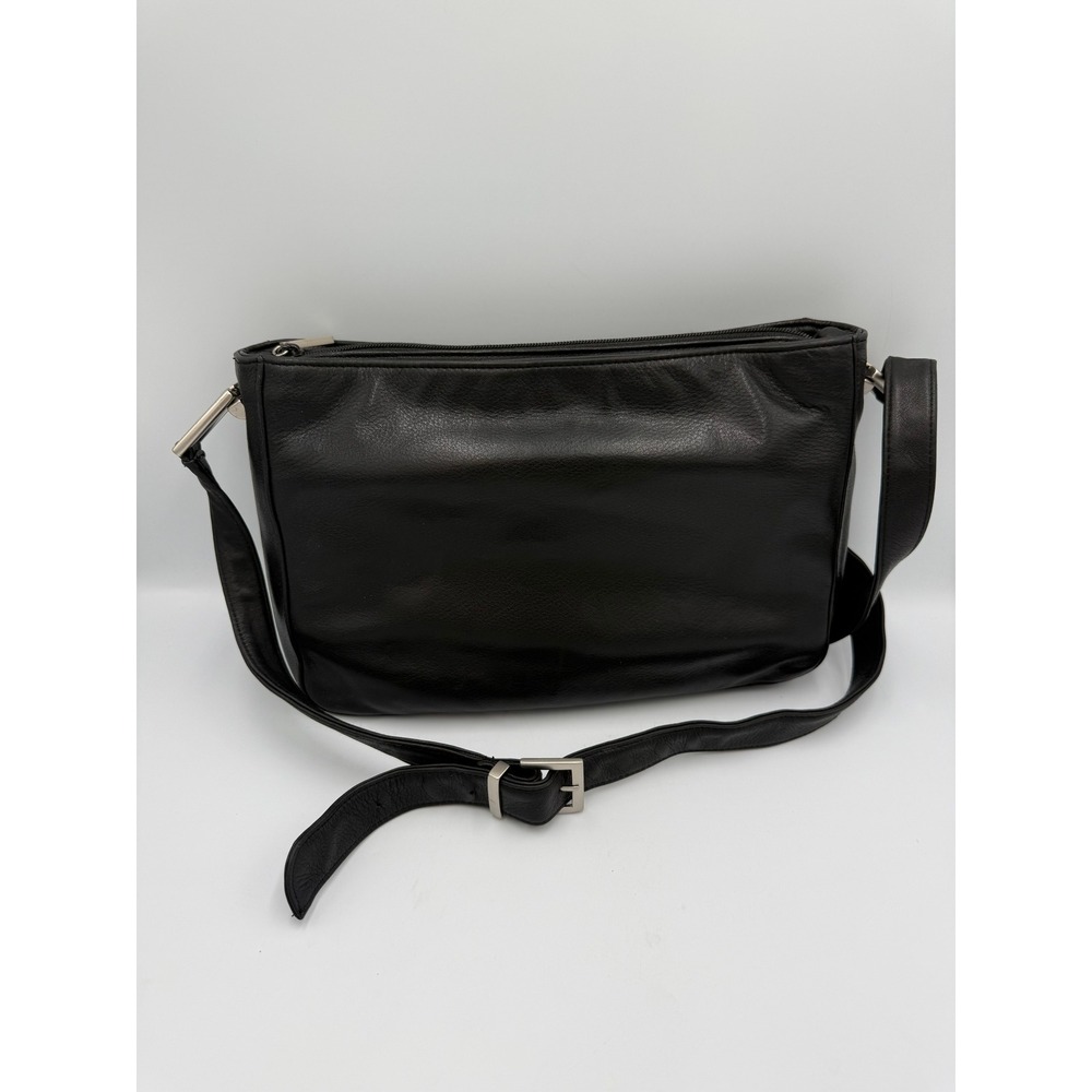 Parisian Signature Women Crossbody Bag Black Leather Multi Pocket Adjustable